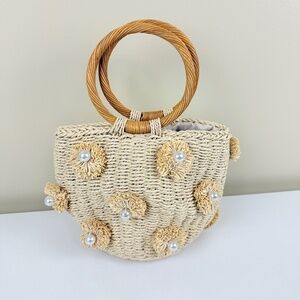 Boho Pearl-Embellished Straw Tote w/ Bamboo Handles – Like New